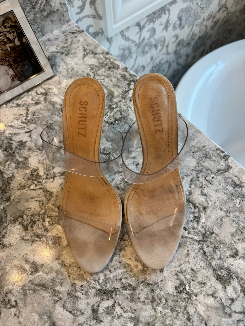 SCHUTZ Clear Strap Nude Leather Mule Heels